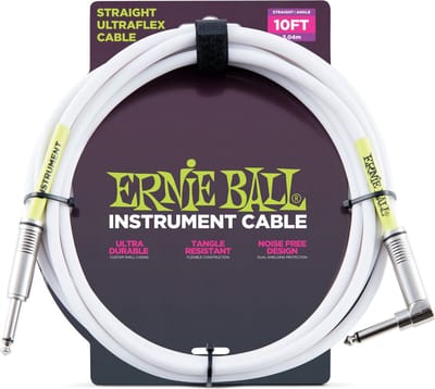 Ernie Ball 6049 gitaar kabel 3 meter wit 1x haaks, 1x recht jack 6,35 mm
