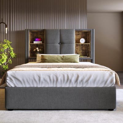VVBV Opbergbed Gestoffeerd 90x200 cm met Lades, USB - Draadloos Laden, Lattenbodem - Hout/Linnen Grijs - Zonder Matras