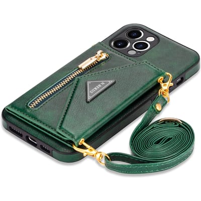 Portefeuille Bandoulière à Fermeture Éclair pour IPhone 16 15 14 13 12 Mini 11 XR XS Pro Max 8 Plus Coque avec Porte-Cartes Dragonne Sangle Couverture en Cuir For iPhone 13 Mini gray