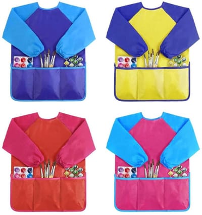 Verfschort - Set van 4 Kliederschort - Kinderverfschort - M: 60 x 44 cm - Kinderknutselen - Schilderen - Waterdicht Schort - Schilderschort met 3 zakken voor 2-8 jaar - Beschermt tegen stof en verf - Schilderen Koken Kunst Ambachten Kinderverf Schort