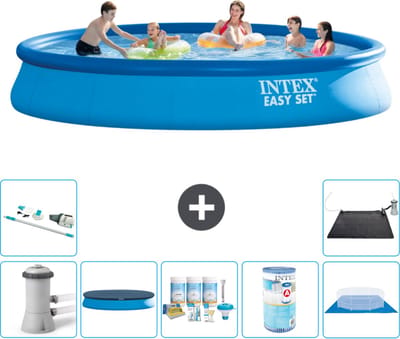 Intex Rond Opblaasbaar Easy Set Zwembad - 457 x 84 cm - Blauw - Inclusief Pomp - Afdekzeil - Onderhoudspakket - Filter - Grondzeil - Stofzuiger - Solar Mat - 8-delig