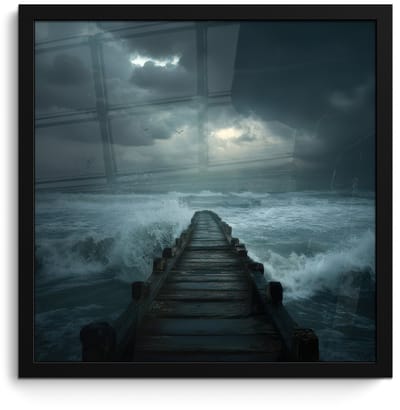 Poster in lijst - Fotolijst 40x40 cm - Posters - Steiger - Storm - Golven - Posterlijst zwart - Decoratie - Wanddecoratie woonkamer - Muurdecoratie slaapkamer