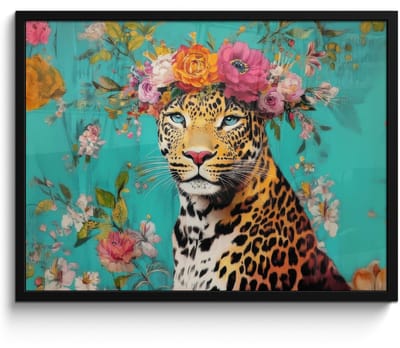 Poster in lijst - Fotolijst 70x50 cm - Posters - Luipaard - Bloemen - Kroon - Posterlijst zwart - Decoratie - Wanddecoratie woonkamer - Muurdecoratie slaapkamer