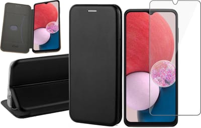 Hoesje geschikt voor Samsung Galaxy A13 4G - Book Case Kunstlederen Wallet Cover Minimalistisch Pasjeshouder Hoes Zwart - Tempered Glass Screenprotector