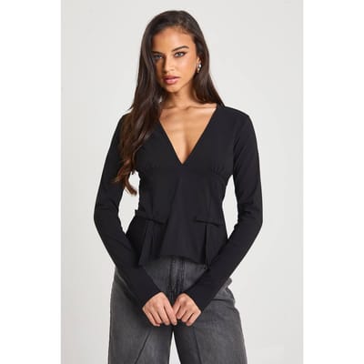 boohoo Dames Bengaline top met diep uitgesneden voorzijde, lange mouwen en strikdetail | Black | Maat: 8