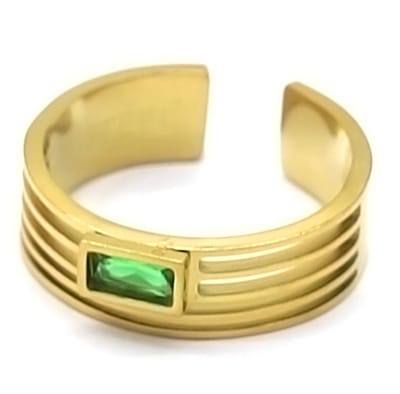 Ring met Lijnen - Zirkonia - RVS - One Size - Goudkleurig en Groen