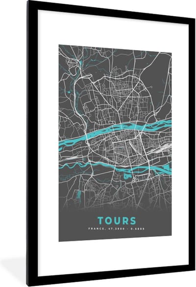 Fotolijst incl. Poster - Tours - Plattegrond - Frankrijk - Kaart - Stadskaart - 60x90 cm - Posterlijst