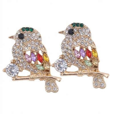 Goudkleurige vogel broche met strass – broche dames – decoratieve spelden set van 2 stuks met vogel op tak ontwerp, meerkleurige kristal steentjes en glanzende afwerking