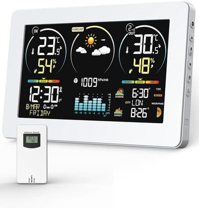 Draadloos Weerstation met Buitensensor en Kleurendisplay - Weersvoorspelling, Thermometer, Hygrometer, Luchtdrukmeting en Sluimerwekker