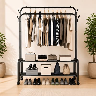 MeubelsvanJoep® Industrieel Kledingrek op wielen - Metaal - 110x54x150 CM - Mat zwart poedercoating - Opbergruimte Voor Schoenen - Garderoberek Met Haken
