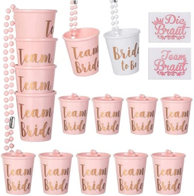 Allecto - Hen Party Shotglazen - Team Bride - Lichtgewicht en stijlvol - 15 stuk - Perfect voor vrijgezellenfeesten - Inclusief ketting en tattoos