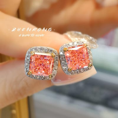 8*8Mm Prinsessenslijpsel Hoog Koolstofgehalte Lab Diamant Bloemslijpsel Oorbellen Exquise Oorstekers Luxe 14K Witgoud Verguld Fijne Sieraden Cadeau beige