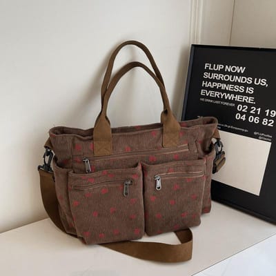 Corduroy Tas met Kersenprint Veelzijdige Dames Aardbei Schoudertas Crossbodytas Grote Capaciteit Mama Tas gray