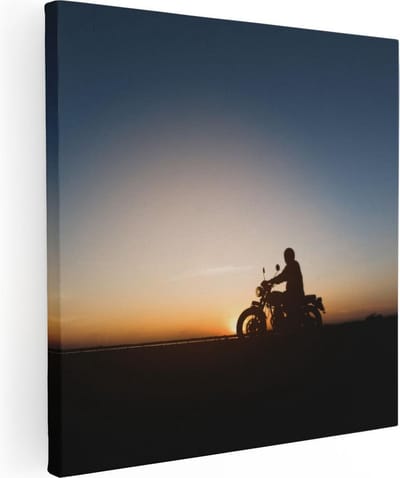 Artaza Canvas Schilderij Motorrijder - 30x30 cm - Klein - Wanddecoratie Zon - Muurdecoratie Mannen - Schilderijen Op Canvas Silhouet