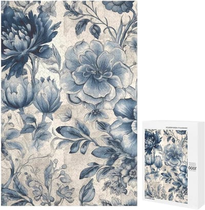 Houten Puzzel - Legpuzzel Volwassenen - Ontspanning Thuis - Blauw Bloemenpatroon - 1000 Stukjes - Wit