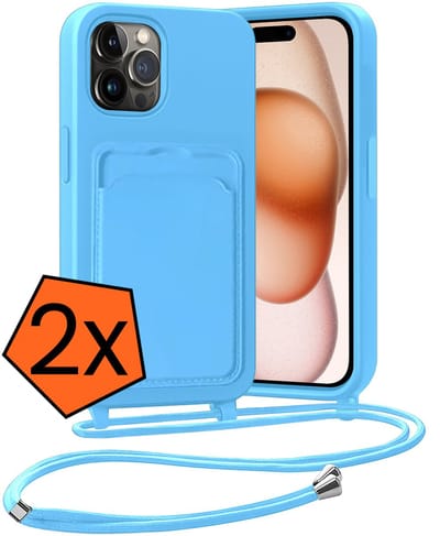 Hoesje Geschikt voor iPhone 14 Pro Hoesje Met Telefoonketting Pasjeshouder Case Koord - Hoesje Geschikt voor iPhone 14 Pro Hoes Met Kaarthouder - Lichtblauw - 2 PACK