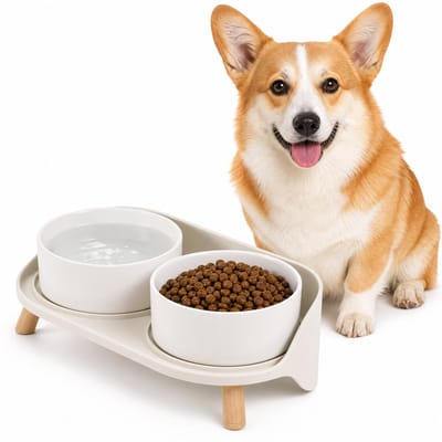 Dubbele voer- en waterbak voor katten – Geschikt voor katten en honden – Dierenbenodigdheden – Ergonomisch ontwerp met neksteun en spatbescherming – Kantelbestendig en gemakkelijk schoon te maken – Gemaakt van kunststof – Wit – 37 x 11 cm