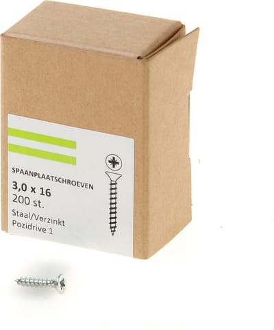 Hoenderdaal Spaanplaatschroef verzinkt platverzonken kop PZ1 voldraad 3.0X16 (per 200 stuks)