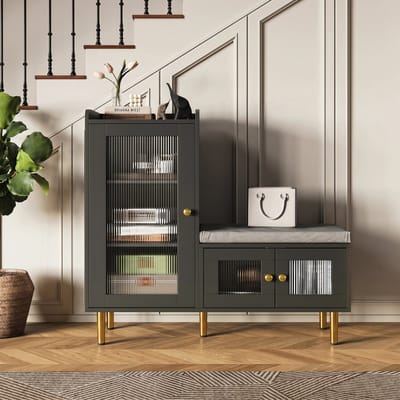 Zwarte Schoenenkast met Zitbankje - 3 Deuren met Geribbeld Glas, Gouden Grepen & Poten, 100x35x70cm