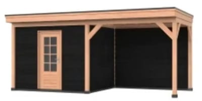 Douglas overkapping, 600 x 250, Met achterwand en schuur, Westwood Comfort Basic zwart