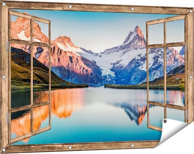 Gards Tuinposter Doorkijk Bergen Landschap bij het Meer - 120x80 cm - Tuindoek - Tuindecoratie - Wanddecoratie buiten - Tuinschilderij