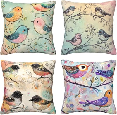 Kussenhoezen, sierkussenhoezen, kleurrijk, vogel, 65 x 65 cm, behaaglijk, kussenhoes met onzichtbare ritssluiting, zacht, wollig, bankkussen, wasbaar, voor terras, tuin, bank en woonkamer