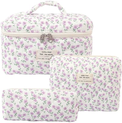 Set van 3 Make-up Tasjes Gewatteerd Bloemen Katoen – Grote Capaciteit Esthetische Cosmetische Tas & Toilettas voor Vrouwen – Reistas Organizer met Ritssluiting -Paarse pauw, 3-delige set [Groot + Medium + Klein]