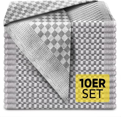 Famanu - Set van 10 grijs-wit geruite katoenen theedoeken 70x50 cm, premium kwaliteit