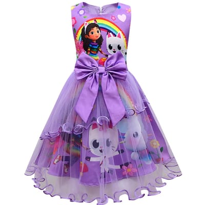 Gabby's poppenhuis Kinderen Zomer Gabby Katten Jurk Baby Meisjes Schattige Kant Prinses Jurk Peuters Meisjes Verjaardagsfeest Jurken Hoofddeksel 130 purple