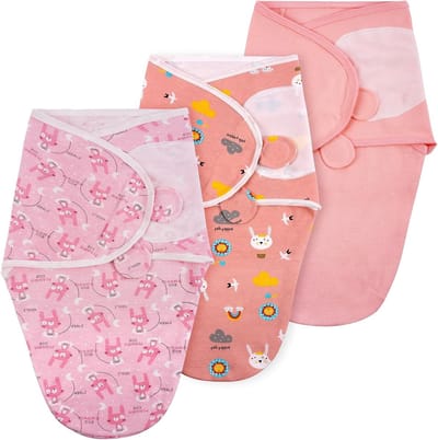 3-Pack Baby Swaddle Suits voor Pasgeborenen, Ademend Organic Katoen, Verstelbare Swaddle Bags, Perfecte Baby Cadeaus in Roze-Rabbit Design