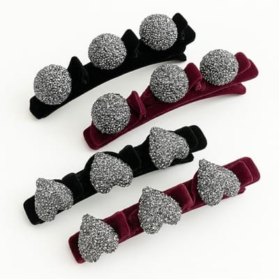 Zwart en bordeaux haar clip set – fluweel look haarspelden met zilverkleurige glitter details – decoratieve haar accessoires – set van 4 stuks