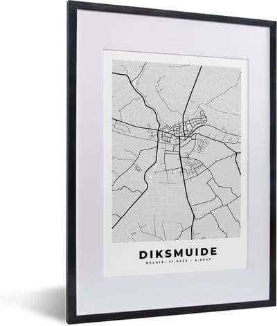 Fotolijst incl. Poster Zwart Wit- België – Diksmuide – Stadskaart – Kaart – Zwart Wit – Plattegrond - 30x40 cm - Posterlijst