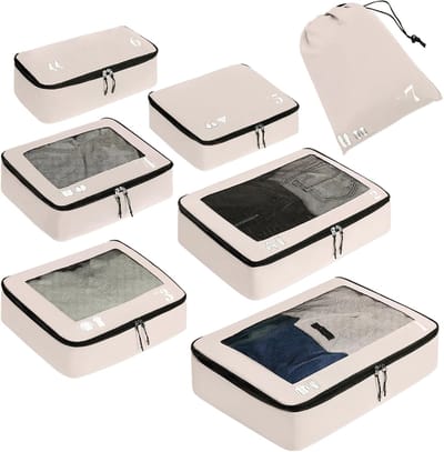 Thijox - ECOHUB inpakblokjes voor koffer 7 PCS Reisorganisator Gerecycleerde Verpakkingszakken Beige Schoenen Zakken Reisaccessoires Opbergtas Bagageo