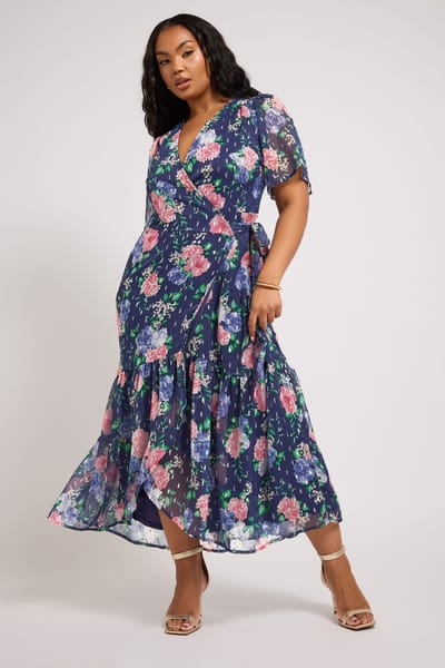 Yours London Midaxi Wikkeljurk Met Bloemenmotief In Metallic Donkerblauw Size 42