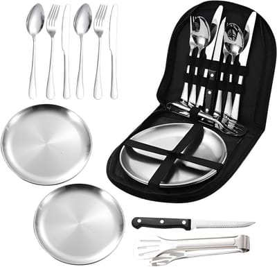 Camping Bestekset van 10 Stukken van RVS, Ideaal voor Kamperen, Picknicken en Barbecues, Compact en Lichtgewicht voor Reizen en Wandelen