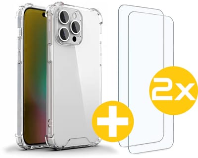 Hoesje en Screenprotector Combi Geschikt Voor iPhone 15 Pro - Anti Shock Hoesje + 2x Screenprotector