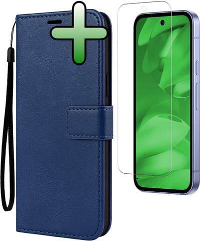 Hoesje Met Screenprotector - Geschikt voor Google Pixel 9a - Luxe Pasjeshouder - Bookcase Portemonee - Flip Case - Kunstleer Book Case - Flipcase - Book Cover - Walletcase - Portemonneehoes - Donkerblauw