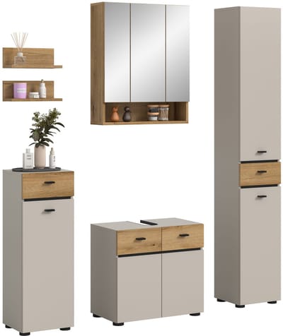 Stijlvolle 5-delige badcombinatie in kasjmier - Ruime opbergkast en ladekast - 154x191x35cm