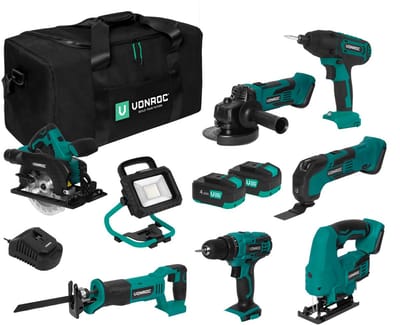 VONROC Gereedschapsset VPower 20V – Accuboormachine, Decoupeerzaag, Oscillerende Multitool, Haakse Slijper, Cirkelzaag, Slagschroevendraaier, Reciprozaag, LED-Werkverlichting, 2x 4.0Ah accu en Snellader