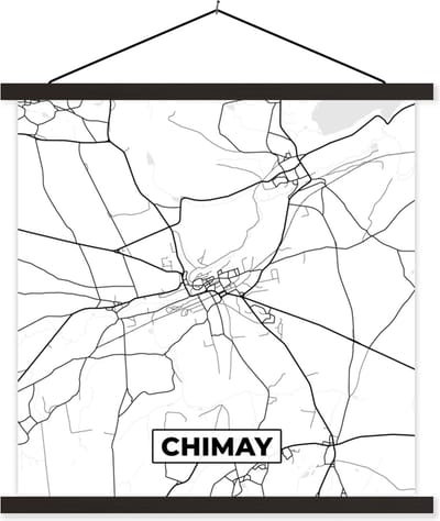 Posterhanger incl. Poster 60x60 cm - Schoolplaat - België – Chimay – Stadskaart – Kaart – Zwart Wit – Plattegrond - Textielposter - Zwarte latten - Stadskaart