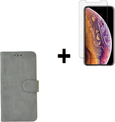 Geschikt voor iPhone 11 Hoes Cover Wallet Book Case Grijs + Screenprotector Tempered Gehard Glas