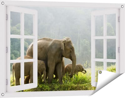Gards Tuinposter Doorkijk Olifanten Familie in de Jungle - Olifant - 90x60 cm - Tuindoek - Tuindecoratie - Wanddecoratie buiten - Tuinschilderij