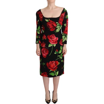 Dolce & Gabbana Dames Zwart Rood Rozen Sheath Stretch Zijde Jurk