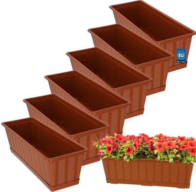 KOTARBAU® 6 st Balkonbak, Bloembak voor Balkon, Kunststof, 50 x 18 x 14 cm, Plantenbak, Terracotta, Plantenbak Balkon, met Schotel, Rechthoekig