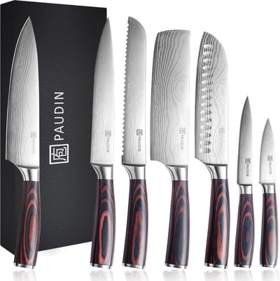 PAUDIN NS7 Messenset Professioneel - 7-Delig - Japanse Messen - Koksmes - Broodmes - Vleesmes - Santokumes - Nakiri mes - Officemes - Schilmes - Damascus Patroon