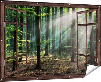 Gards Tuinposter Doorkijk Bos met Zon tussen de Bomen - 150x100 cm - Tuindoek - Tuindecoratie - Wanddecoratie buiten - Tuinschilderij