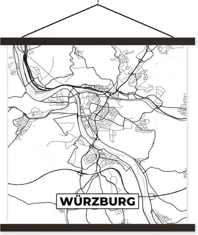 Posterhanger incl. Poster 60x60 cm - Schoolplaat - Würzburg - Kaart - Stadskaart - Plattegrond - Textielposter - Zwarte latten - Stadskaart