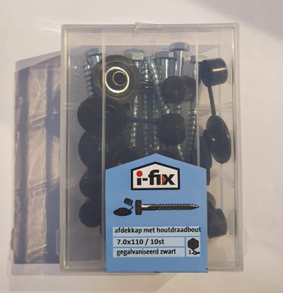 Afdekkap met houtdraadbout 7.0x110mm. lang. Verzinkt. 10 stuks Houtfret met kap. Zwart. Ifix.