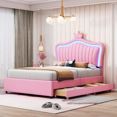 Kinderbed Gestoffeerd - Meisjesbed Ladekast - Slaapkamer Inrichten - Met Kroon Hoofdbord - 90 x 200 cm - Roze