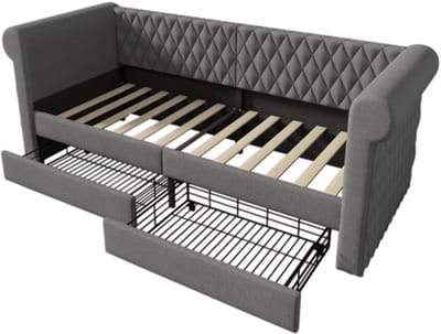 Gotagee Gestoffeerde slaapbank 90x200 cm, met 2 opbergladen, kinderbed, jeugdbedframe met houten lattenbodem, linnen, grijs (zonder matras)